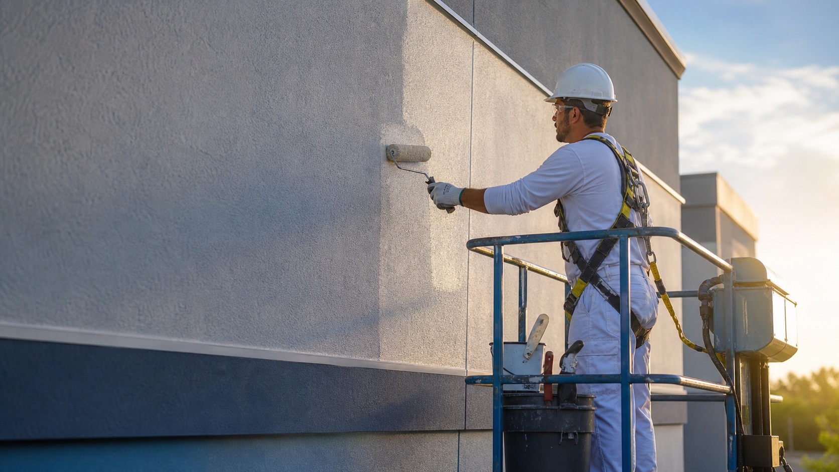 Representative visualization of careful stucco preparation and exterior painting from a lift